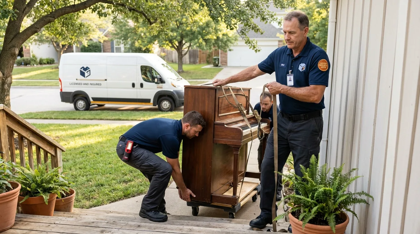 Licensed piano movers securing grand piano in Coamo, PR