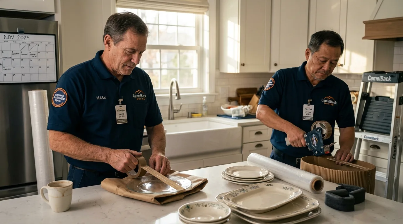 Professional crew packing kitchen dishware in Coamo, PR